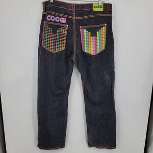 Coogi Mens Dark Wash Jeans Neon Equalizer Pixel Graphic Straight Leg 42x35 Retro